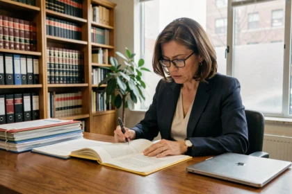 Tutrice professionnelle examinant des documents juridiques liés à la tutelle dans un bureau juridique organisé