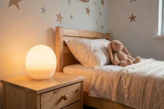 Veilleuse sans fil posée sur une table de nuit dans une chambre d'enfant de 4 ans avec décoration étoilée et ambiance cosy