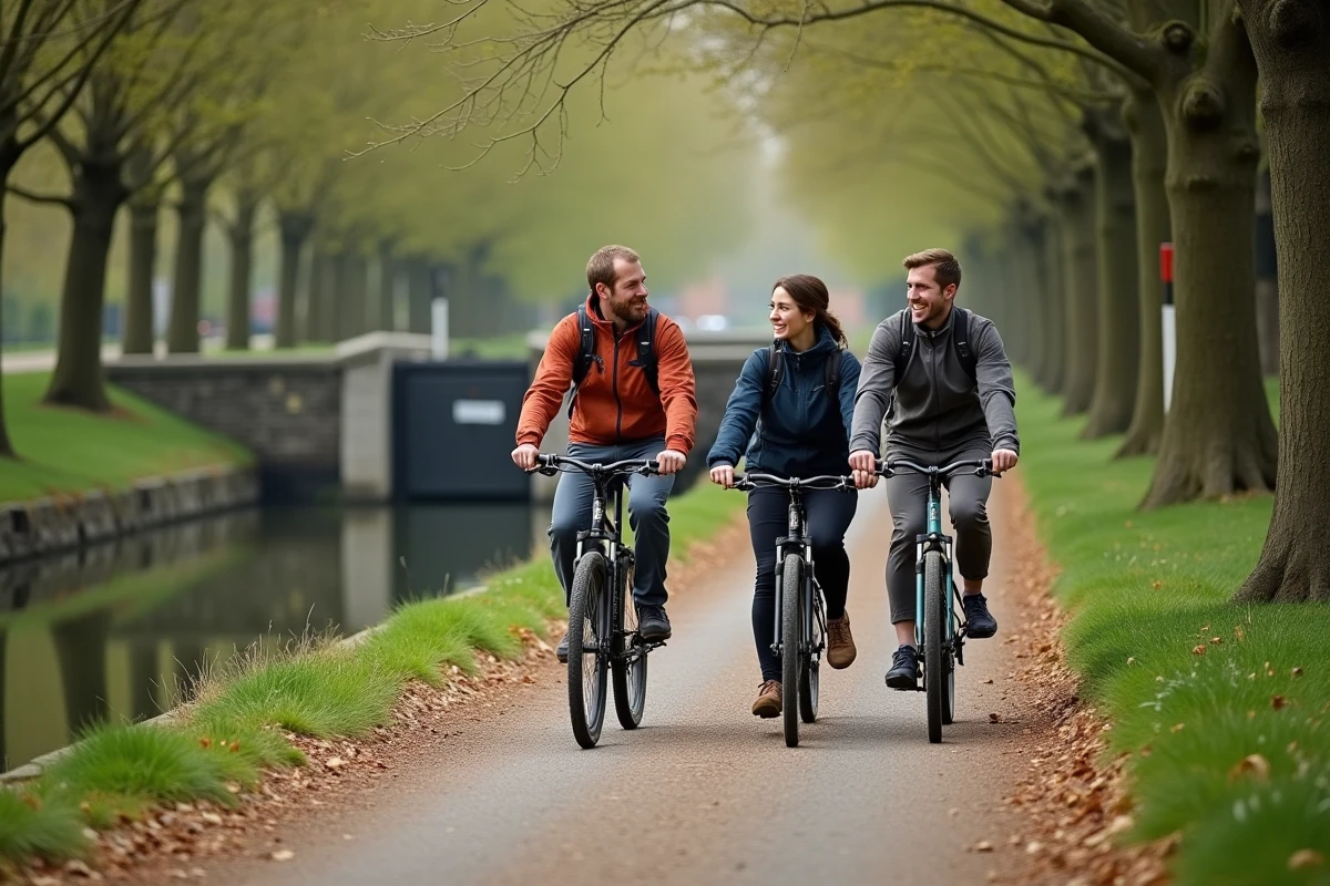 Groupe de cyclistes longeant un canal en Seine-et-Marne sur une véloroute verdoyante sans voiture