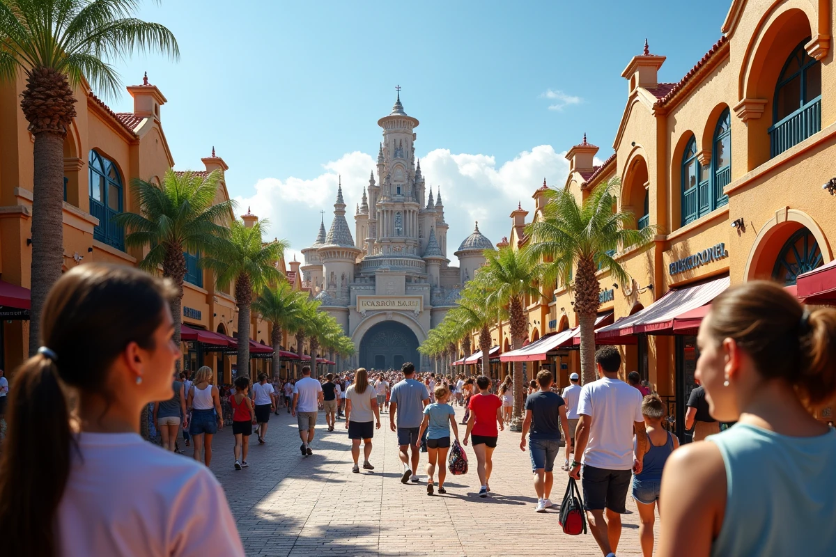 Vue panoramique d'une zone thématique animée de PortAventura Park avec une nouvelle attraction en 2026