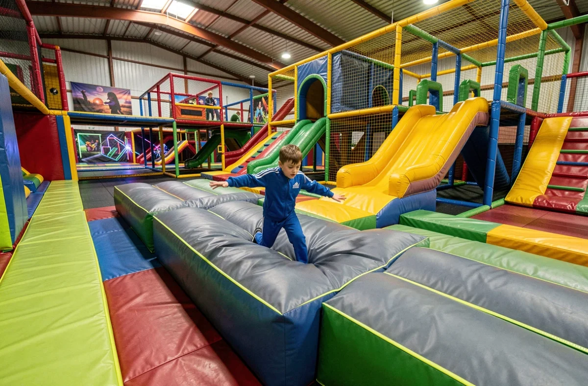 Wapifunpark à Mios avec parcours gonflable indoor et enfant sur un obstacle en équilibre dans le centre de loisirs