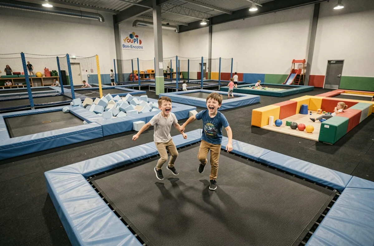 Youpi Parc Agen à Bon-Encontre avec zone trampolines et enfants qui sautent dans une aire de jeux couverte