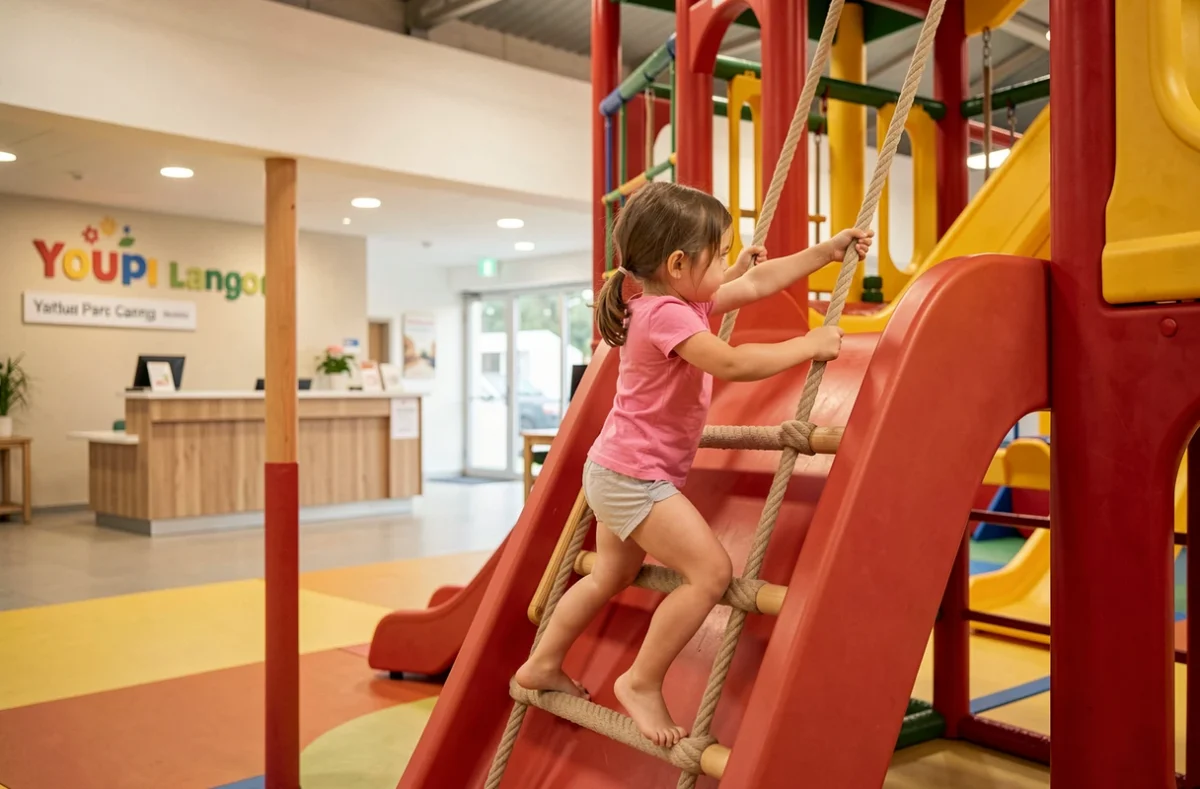 Youpi Parc Langon avec structure de jeux intérieure colorée et enfant en train de grimper une échelle de corde