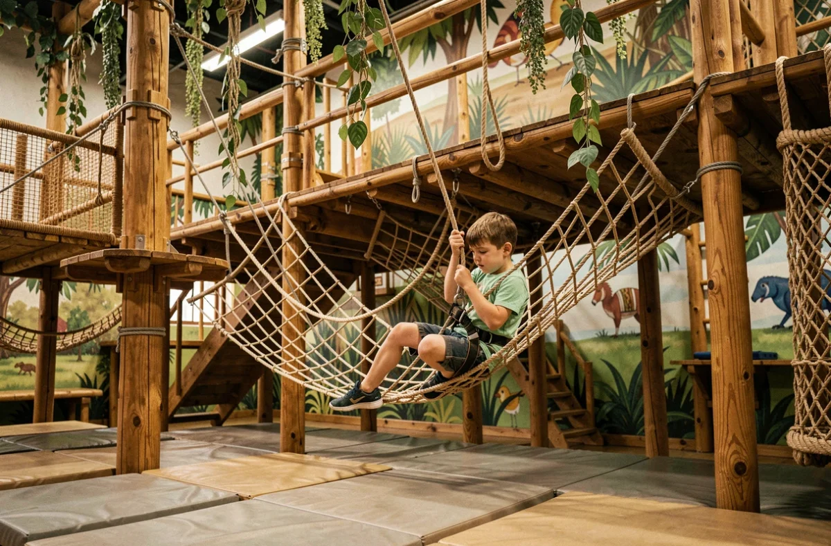 Parc aventure indoor Z'oulous Aventure à Saint-André-de-Cubzac avec structures d'escalade jungle et enfant sur les cordes